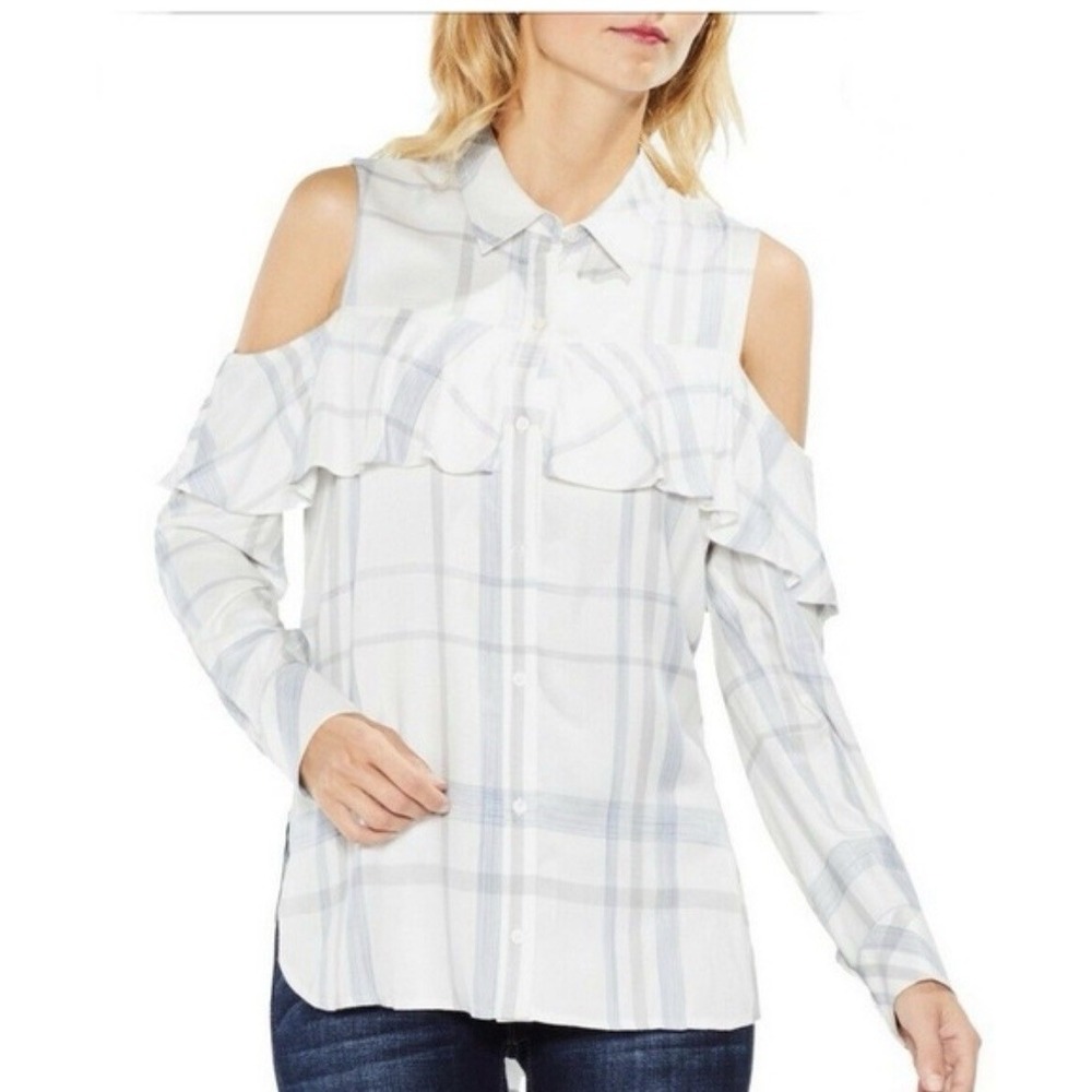 Vince Camuto Women Blouse Size Small Cold Shoulder Founce top Button Down Casual